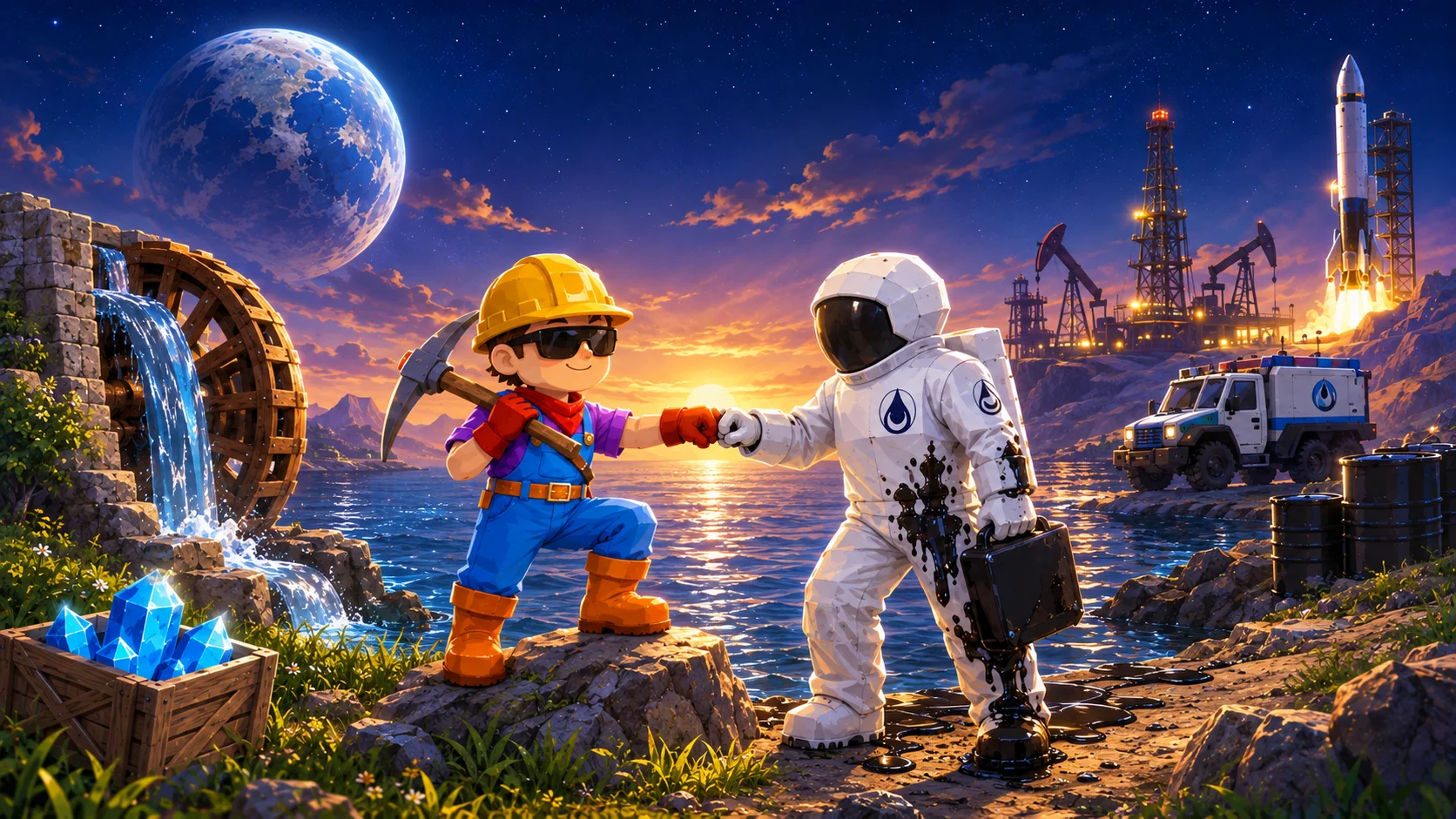 Characters from Water Power, Moon Pioneer and Oilman in their worlds