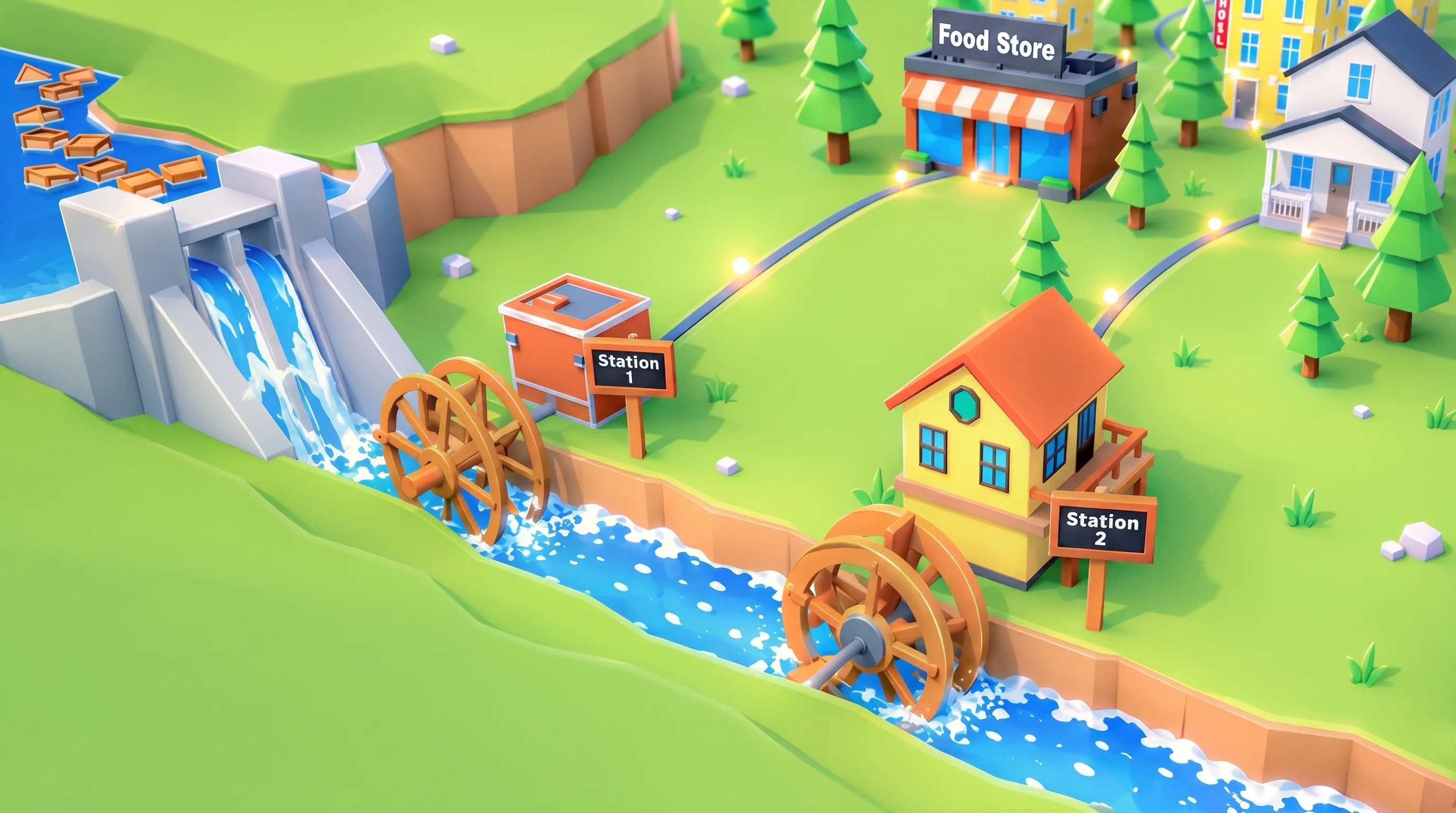 Water Power hydro city with dams and waterwheels